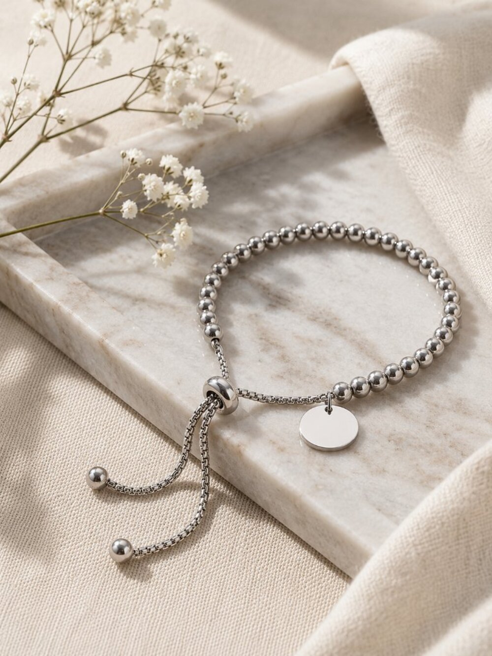 18K White Gold Plated Stainless Steel Minimalist Beaded Bolo Bracelet 6.5-9"